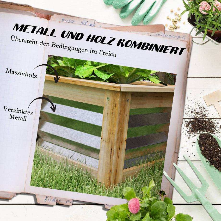 Northio Hochbeet Metall Holzrahmen Blumenkasten Garten Balkon Natur 90X45X30Cm  