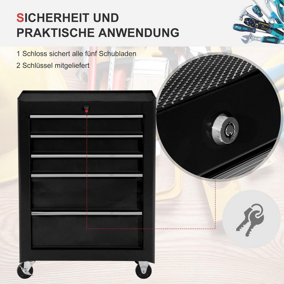 Northio Chariot d'atelier chariot à outils vide verrouillable avec 5 tiroirs, 2 clés, tapis antidérapants, armoire à outils noir Aosom  