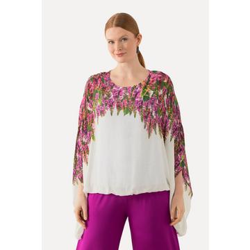 Blouse doublée, imprimé floral. Décolleté rond et manches courtes.