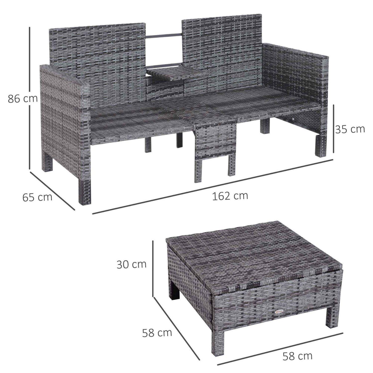 Northio 3-tlg. Gartensofa Gartenmöbel Lounge Gartenset Sitzgruppe Rattenmöbel Grau Polyrattan + Metall 2er-Sofa 2 x Hocker Kissen  