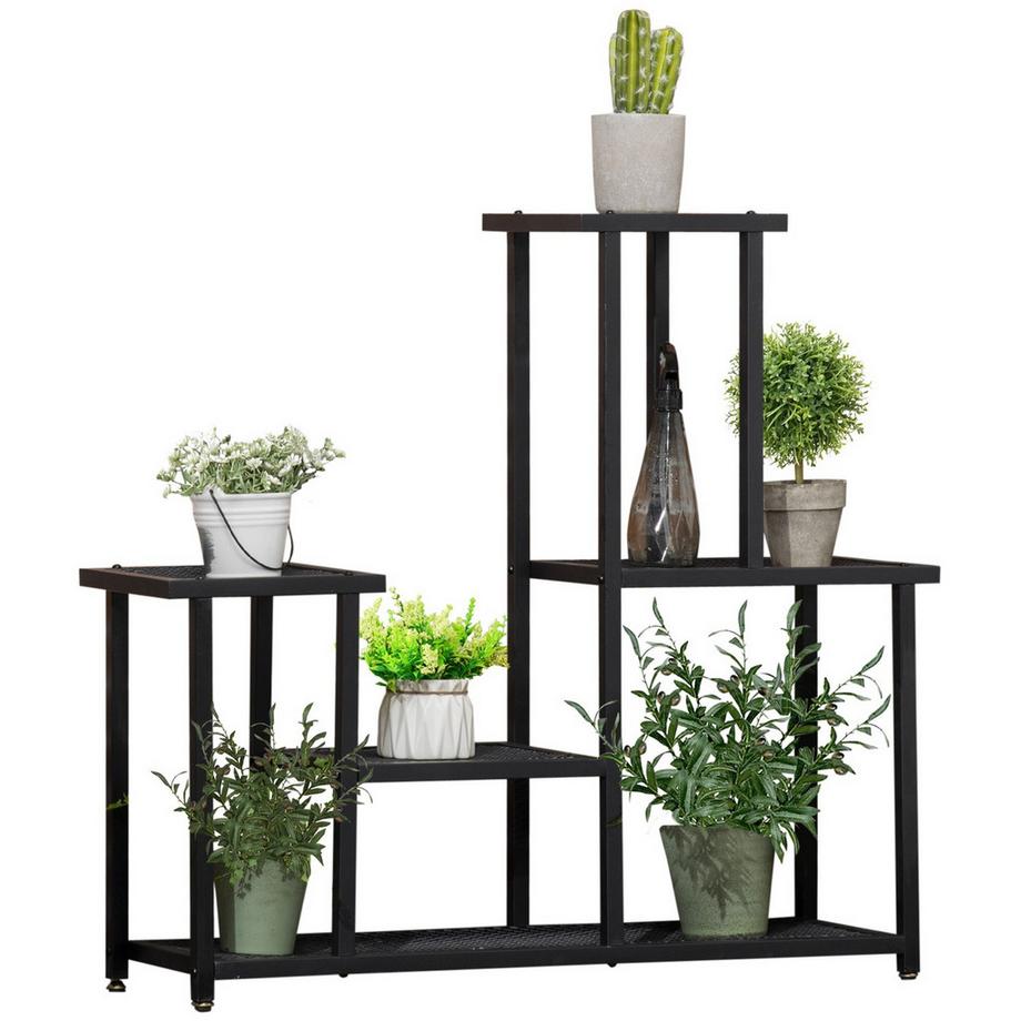 Northio Pflanzenregal Mit 4 Stufen Mehrstöckiges Blumenregal, Pflanzenständer Für Garten, Balkon, Metall, Schwarz, 91X25X83Cm  