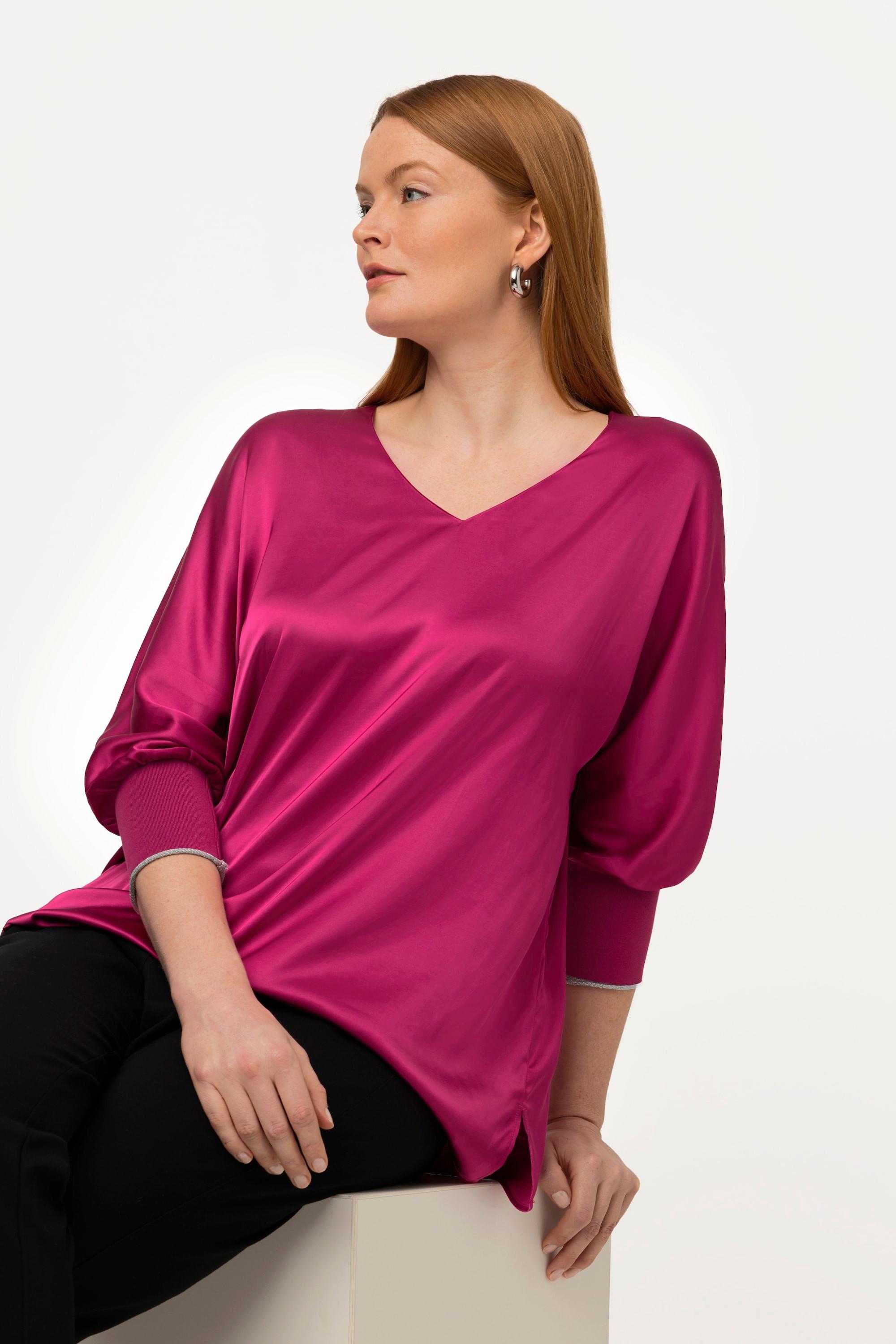 Ulla Popken  Bluse, Satin, V-Ausschnitt, 3/4-Fledermausärmel 