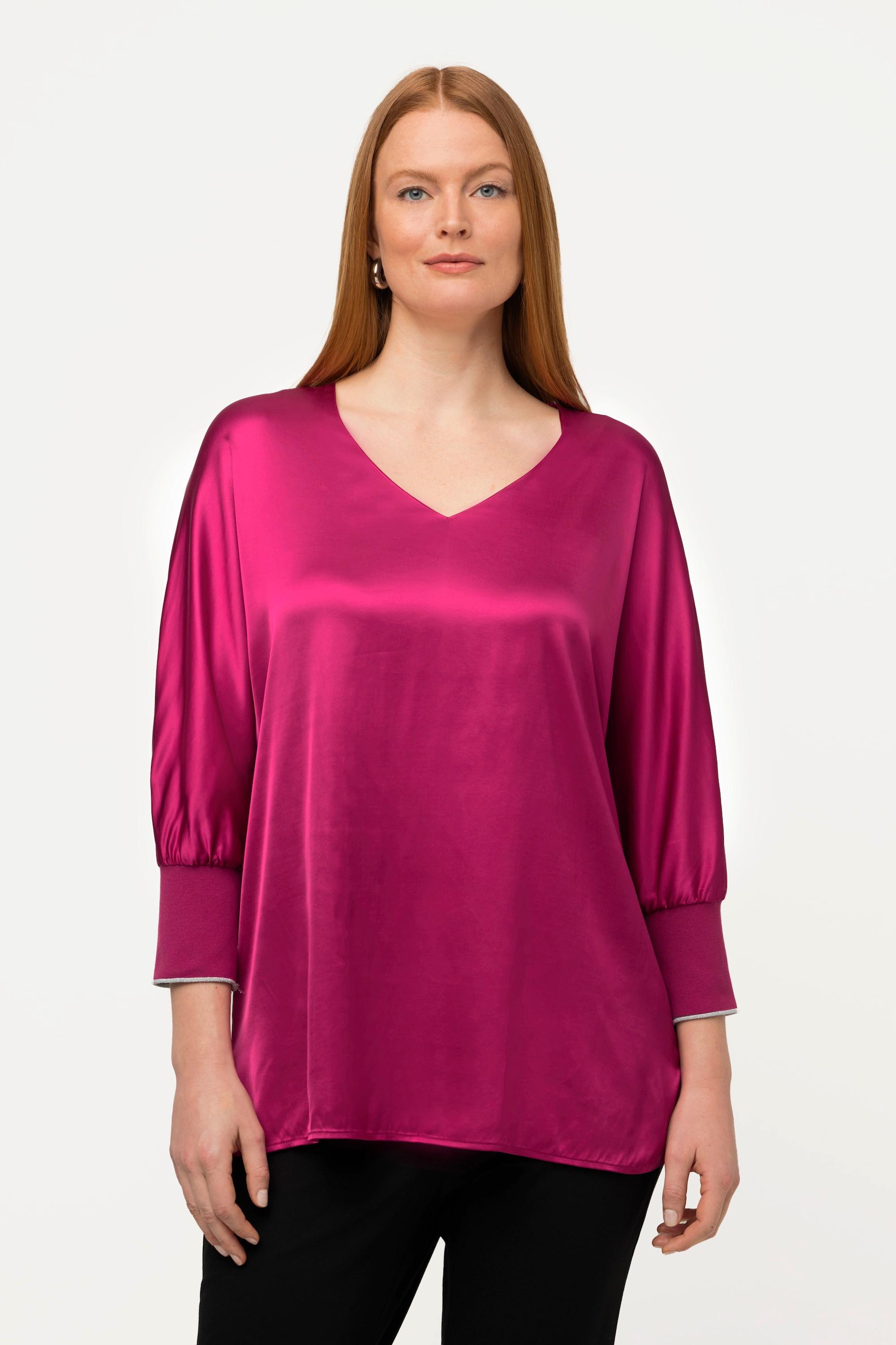 Ulla Popken  Bluse, Satin, V-Ausschnitt, 3/4-Fledermausärmel 