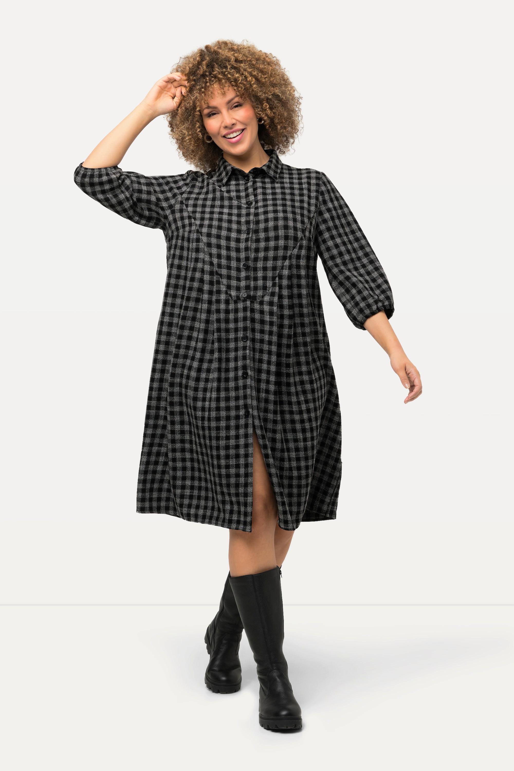 Ulla Popken Karokleid A-Linie Hemdkragen 3/4 Arm Midikleid  