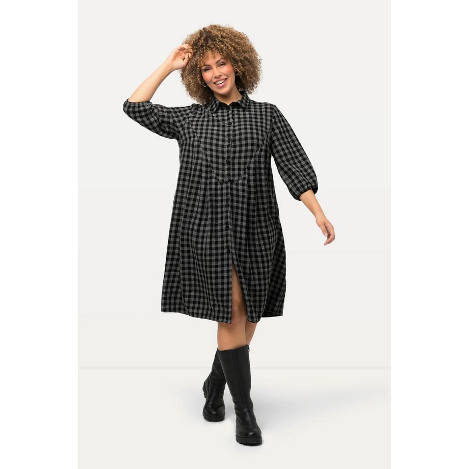 Ulla Popken Abito Midi Collo Camicia Maniche 3/4 Fantasia Quadri Linea A  