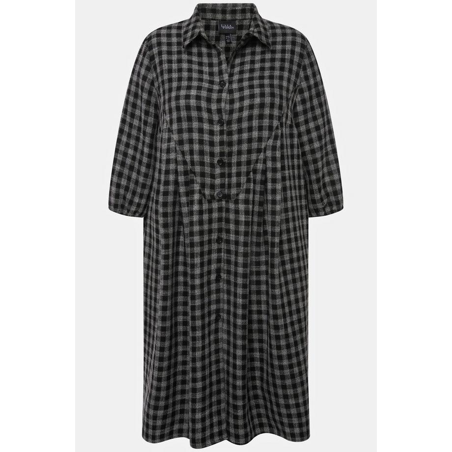 Ulla Popken Abito Midi Collo Camicia Maniche 3/4 Fantasia Quadri Linea A  