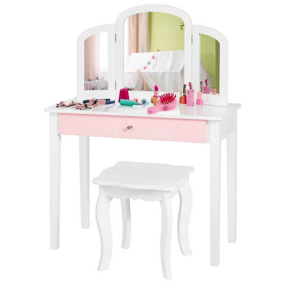 Northix  Coiffeuse pour enfants 2 en 1 avec triple miroir rabattable et tiroir blanc 