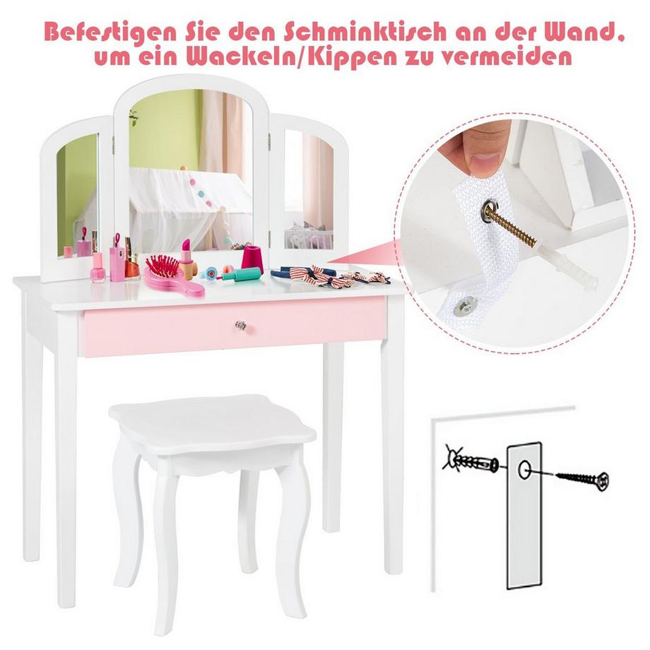 Northix  Coiffeuse pour enfants 2 en 1 avec triple miroir rabattable et tiroir blanc 