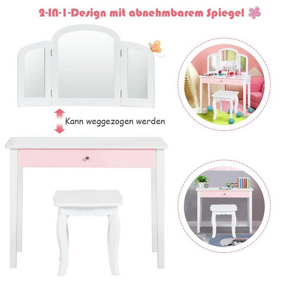 Northix  Coiffeuse pour enfants 2 en 1 avec triple miroir rabattable et tiroir blanc 