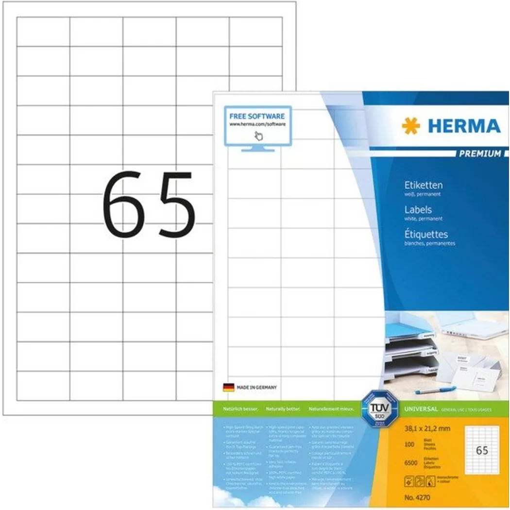 HERMA – Universal-Etikett. 38,1×21,2mm 4270 weiss 6500 St./100 Blatt, One Size