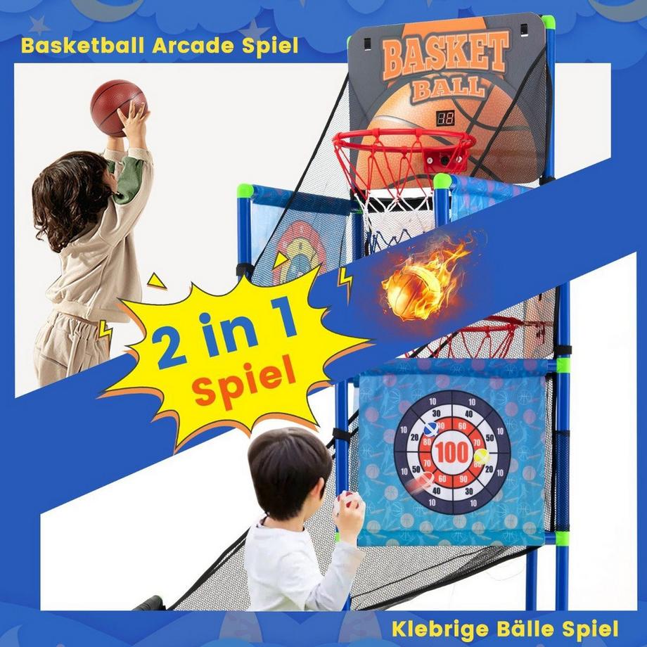 Set da gioco arcade di basket con tabellone segnapunti ed effetti sonori, inclusi 2 palloni da basket e pompa blu