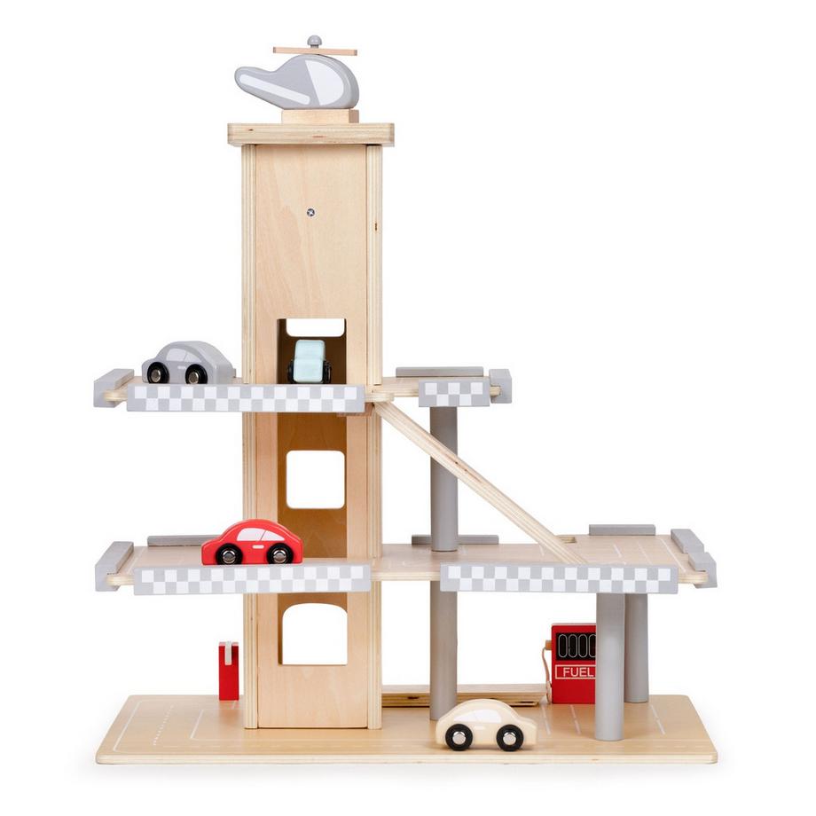 B2X  Grand parking garage piste bois avec ascenseur + voitures ECOTOYS 