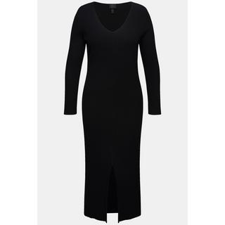 Ulla Popken  Robe maxi en maille côtelée, décolleté en V et manches longues. Coupe Slim Fit. 