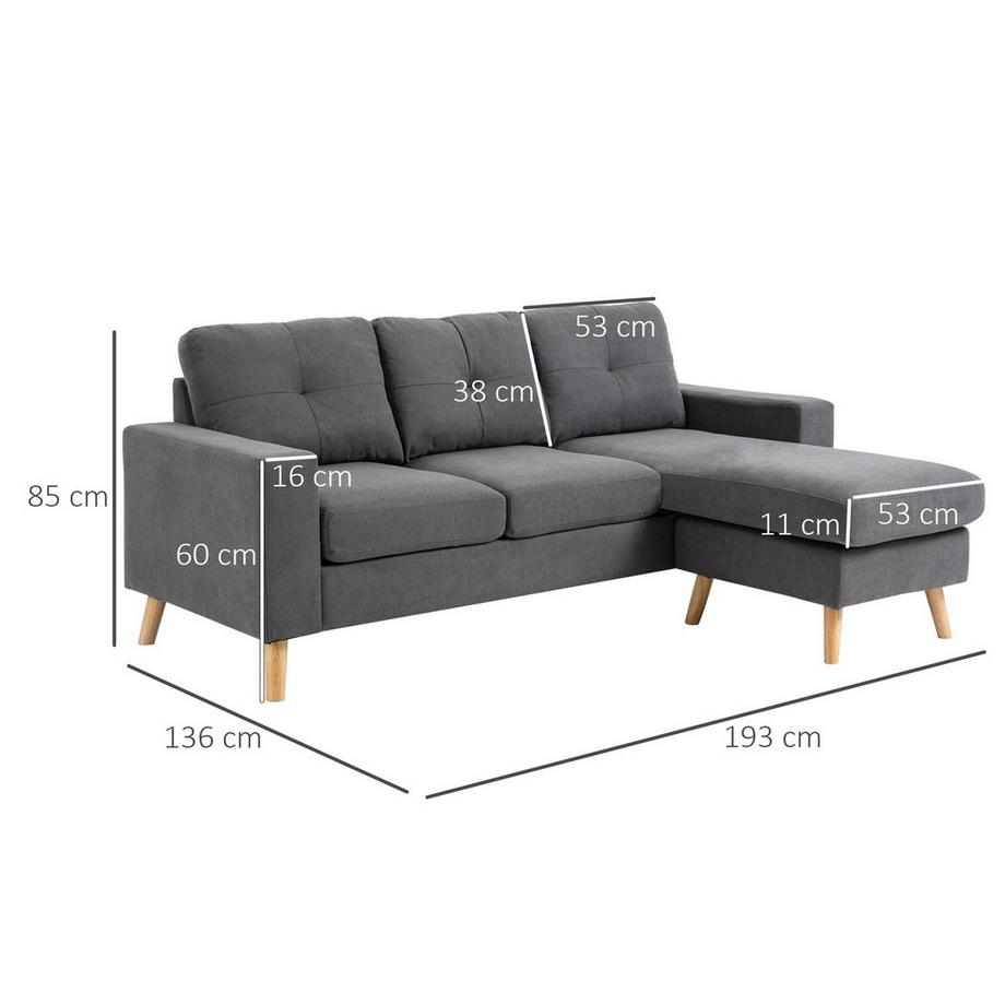 Northio Ecksofa In L-Form Graue Eckcouch Mit Chaiselongue, Leinenoptik, Für 3 Personen, 93X136X85Cm  