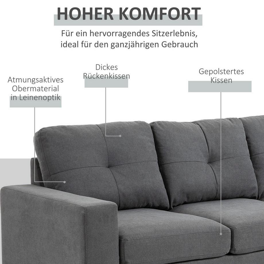 Northio Ecksofa In L-Form Graue Eckcouch Mit Chaiselongue, Leinenoptik, Für 3 Personen, 93X136X85Cm  