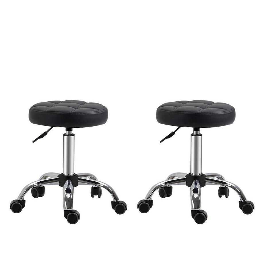 Lot De 2 Tabourets De Salon, Tabourets Roulants, Tabourets Pivotants Réglables En Hauteur, Avec Roulettes, Simili Cuir, Noir, Ø35,5X48-63Cm