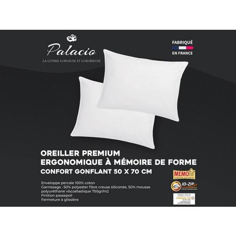 Vente-unique Lot de 2 oreillers mémoire de forme mémofill 50 x 70 cm - Percale de coton - 91 fils/cm² - 750 gr - Blanc - AUXENCE  