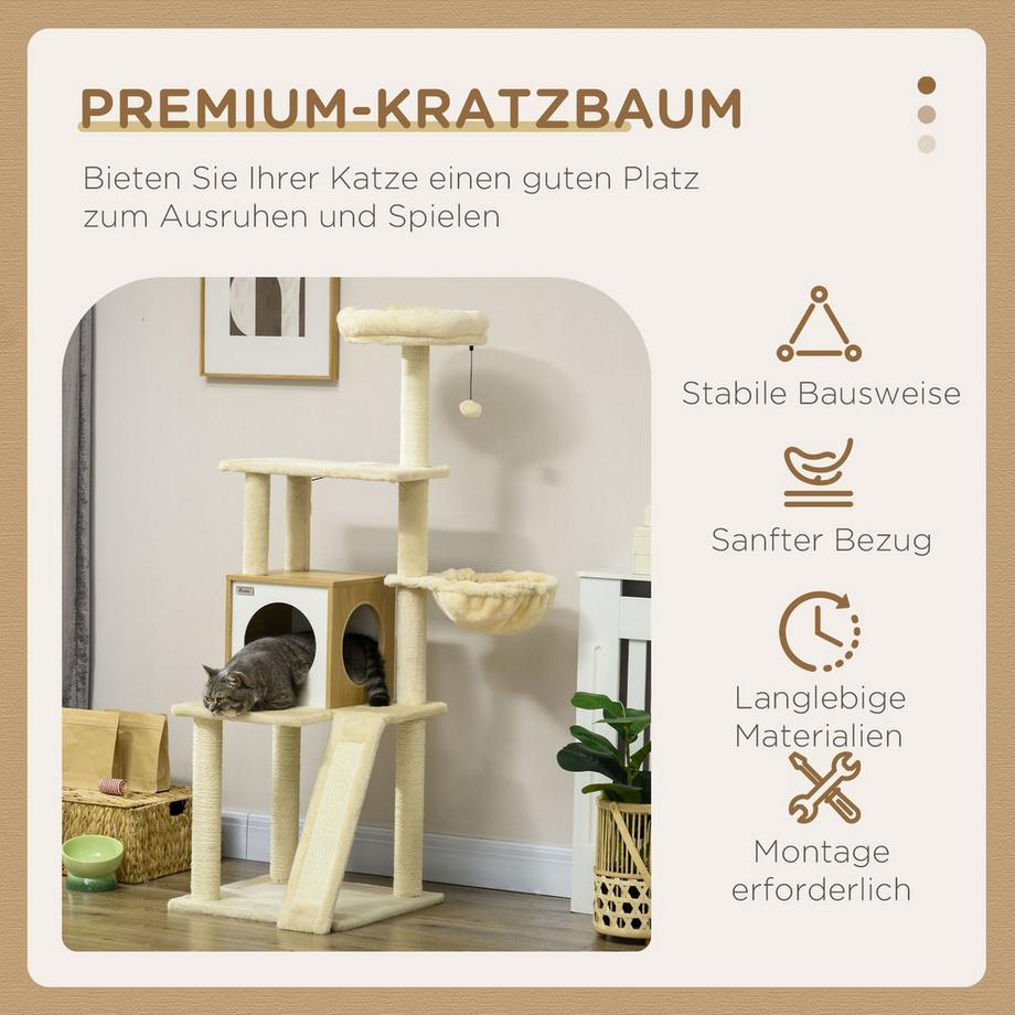 Northio  Kratzbaum Mit Katzenhöhle Spielball, Hängebett, 2 Plattformen, Sisal, Beige 