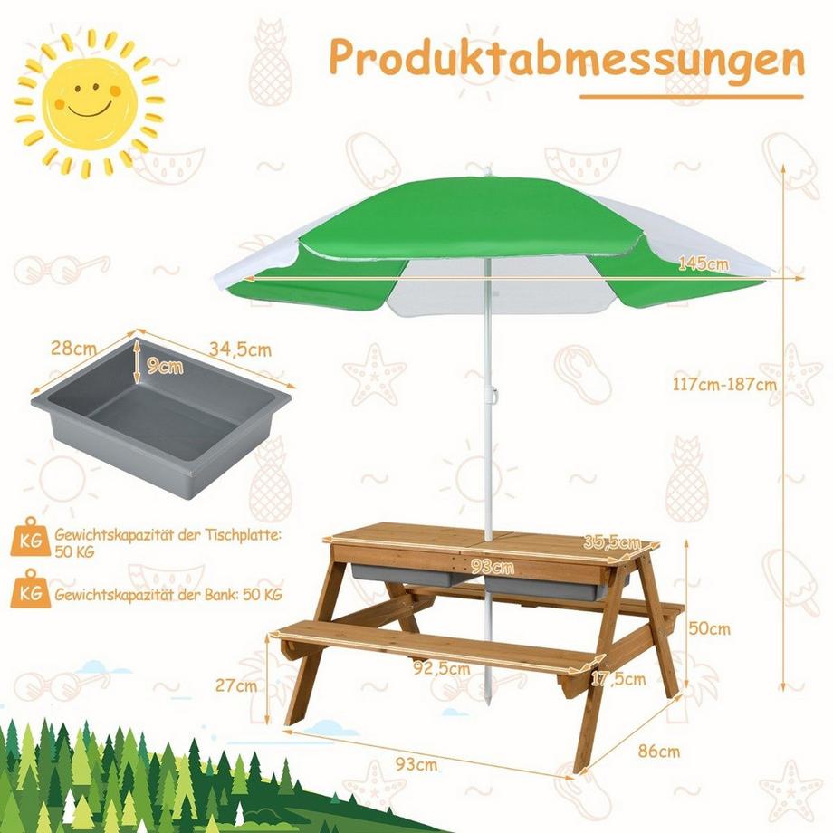 B2X 3-in-1 Picknicktisch für den Außenbereich Wasser & Sandtisch mit Spielboxen & Schirm Natur und Weiß  