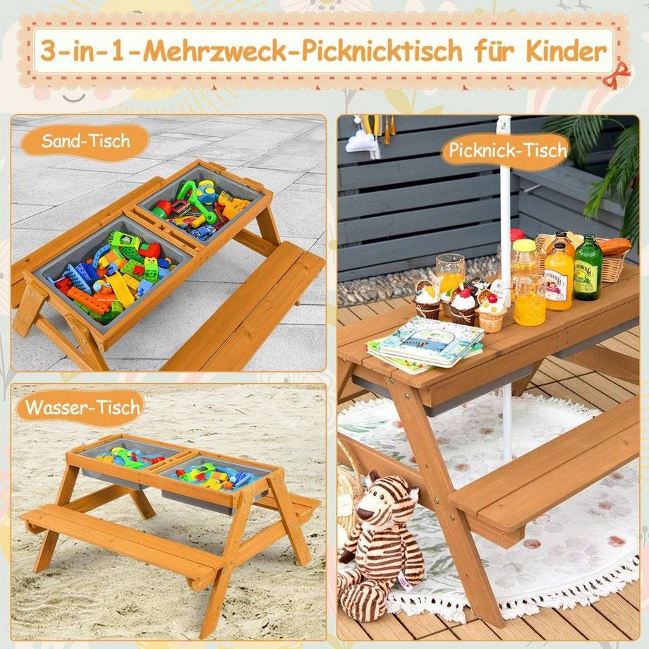 B2X 3-in-1 Picknicktisch für den Außenbereich Wasser & Sandtisch mit Spielboxen & Schirm Natur und Weiß  
