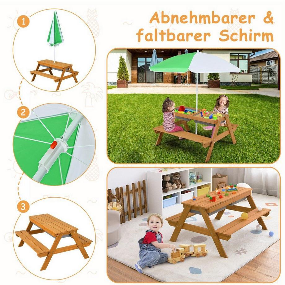 B2X 3-in-1 Picknicktisch für den Außenbereich Wasser & Sandtisch mit Spielboxen & Schirm Natur und Weiß  