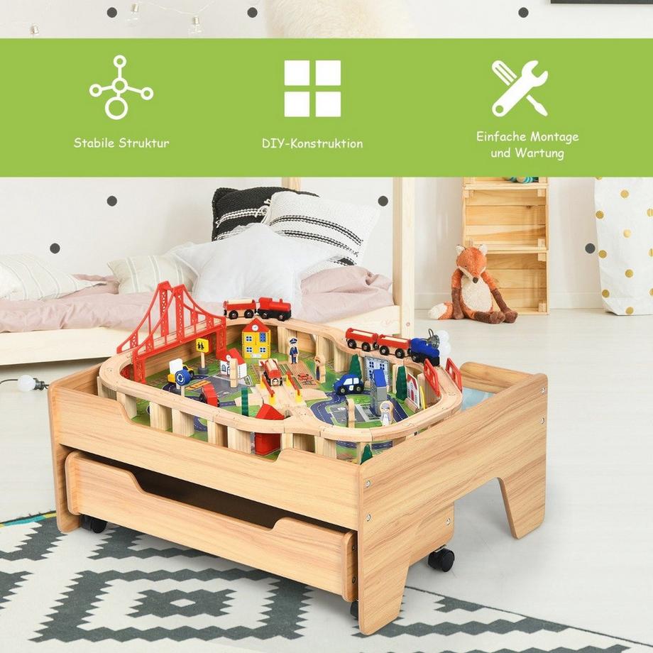 Northio  Set trenino in legno per bambini, tavolo da attività con cassetto 78 x 63 x 33 cm naturale 