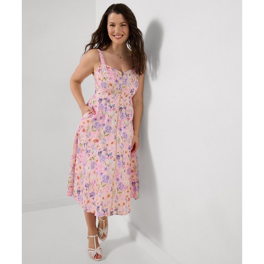 Leinenmix-Kleid mit Herzausschnitt und Reißverschluss