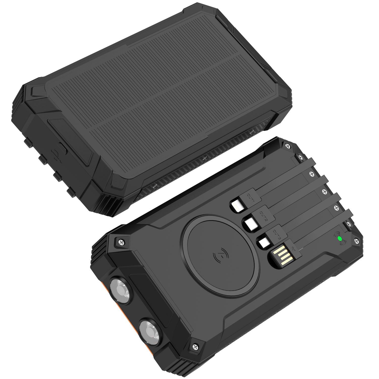 DENVER  PowerBank 20 000 mAh, cellule solaire, 4 câbles + recharge sans fil, noir 