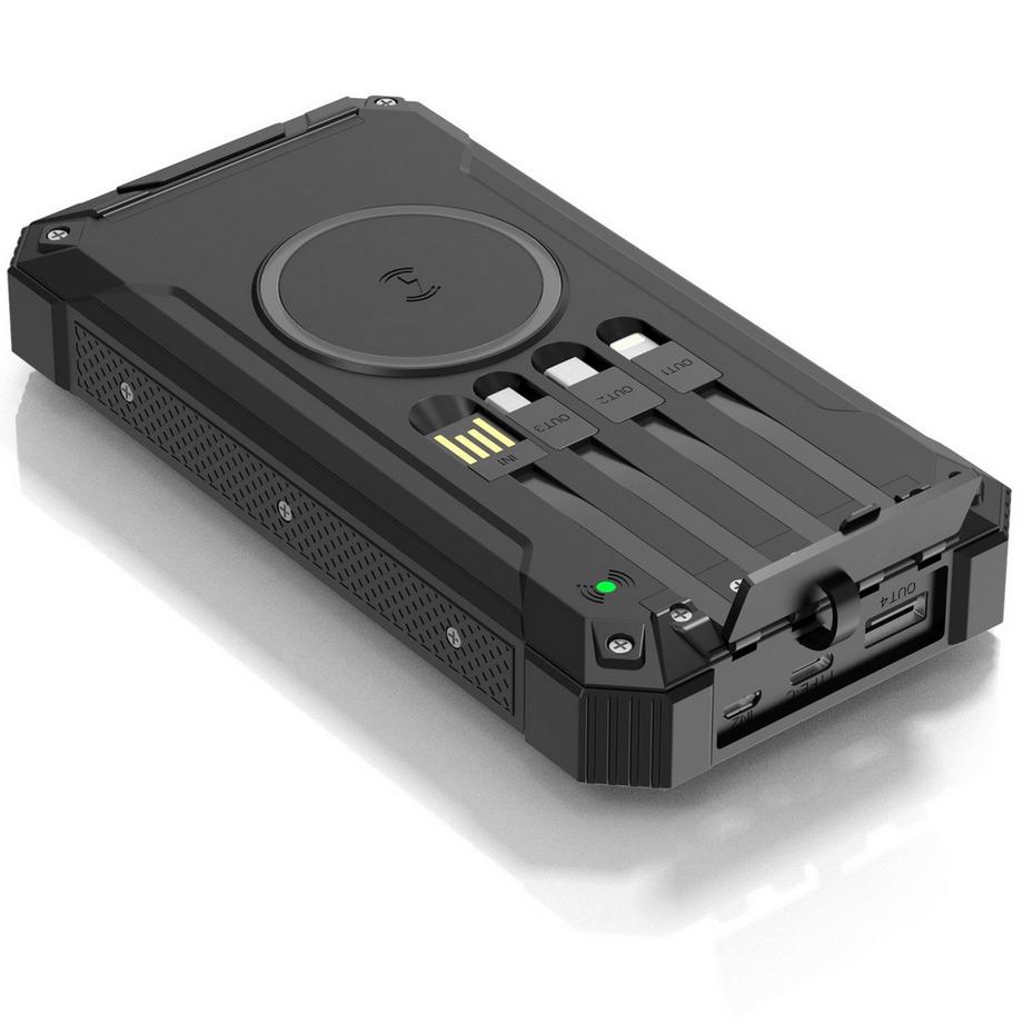 PowerBank 20 000 mAh, cellule solaire, 4 câbles + recharge sans fil, noir