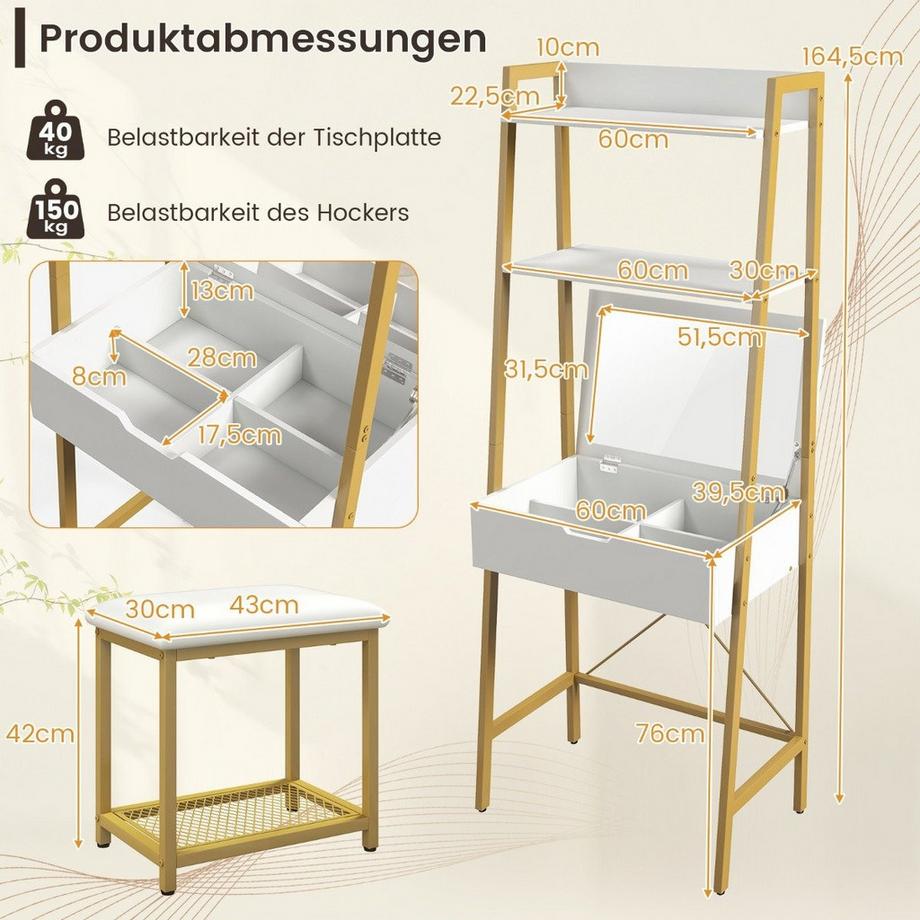 Northix  2 in 1 Schminktisch mit Hocker & Spiegel & Doppelten Ablagen & Verstecktem Schrank Weiß Gold 