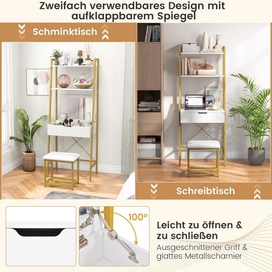 Northix  2 in 1 Schminktisch mit Hocker & Spiegel & Doppelten Ablagen & Verstecktem Schrank Weiß Gold 