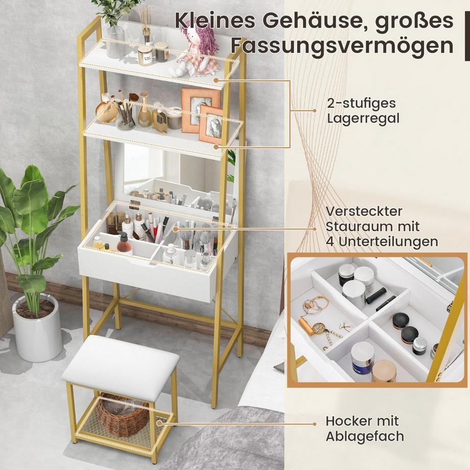 Northix  2 in 1 Schminktisch mit Hocker & Spiegel & Doppelten Ablagen & Verstecktem Schrank Weiß Gold 