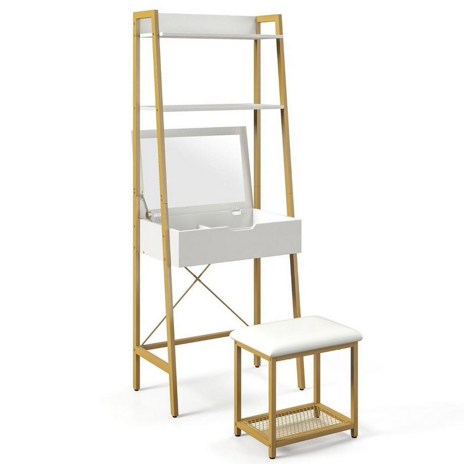 Northix  2 in 1 Schminktisch mit Hocker & Spiegel & Doppelten Ablagen & Verstecktem Schrank Weiß Gold 