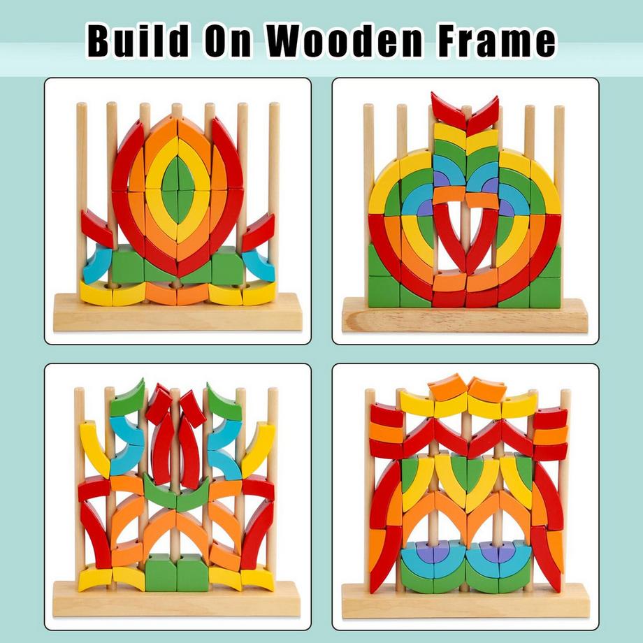Activity-board  3D-Regenbogenringe-Puzzle aus Holz, Motorikspielzeug mit 54 bunten Bausteinen und Rahmen 