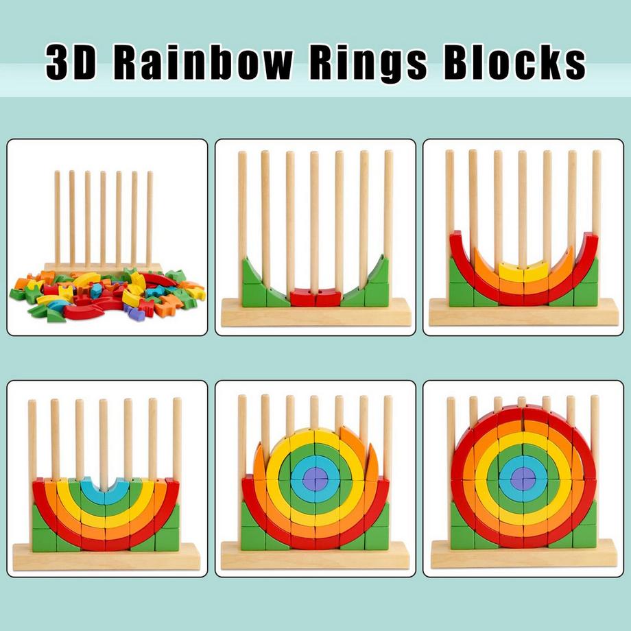 Activity-board  3D-Regenbogenringe-Puzzle aus Holz, Motorikspielzeug mit 54 bunten Bausteinen und Rahmen 