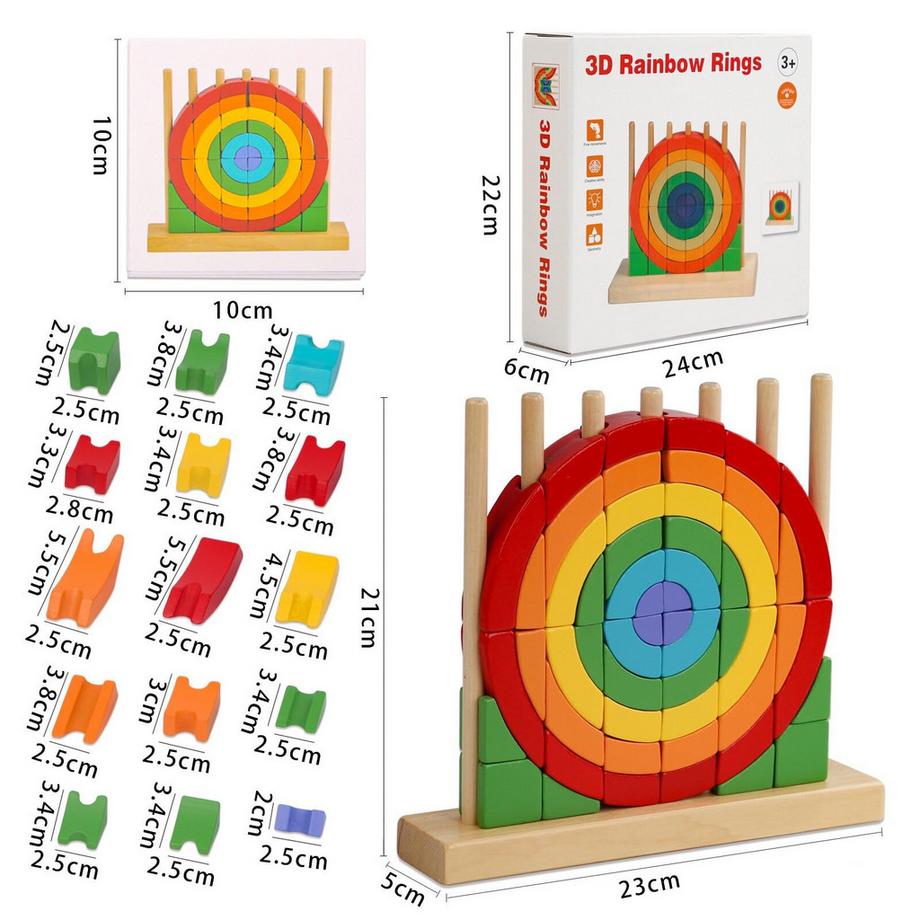 Activity-board  3D-Regenbogenringe-Puzzle aus Holz, Motorikspielzeug mit 54 bunten Bausteinen und Rahmen 