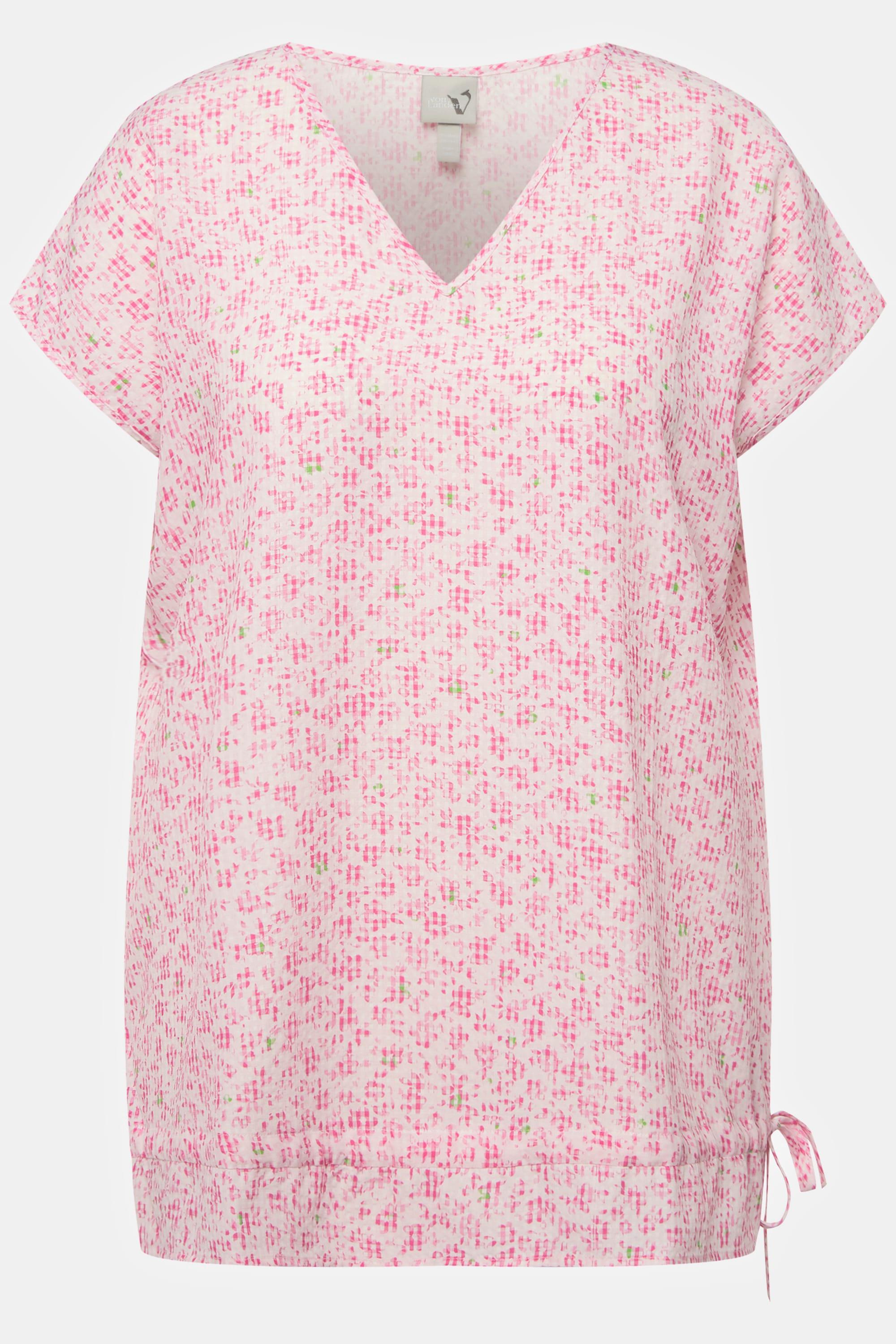 Ulla Popken  Blouse à fleurs. Décolleté en V, manches courtes. Cordon de serrage à la base. 