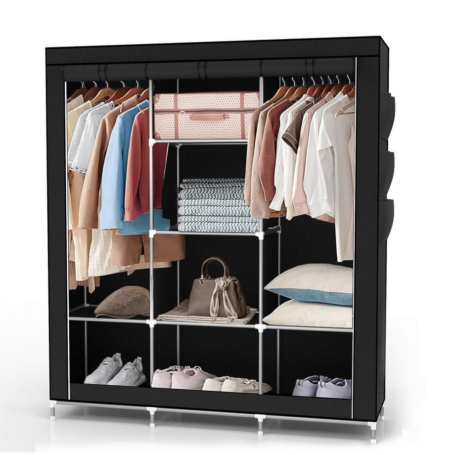 Faltbarer Kleiderschrank mit Kleiderstange, Fächern und Seitentasche
