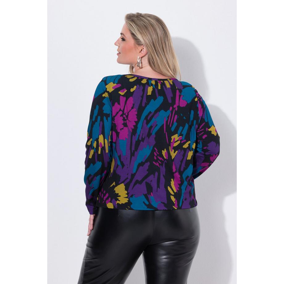 Ulla Popken Maglia a Maniche Lunghe Stampa Floreale Scollo a Girocollo con Foro e Orlo Elastico  