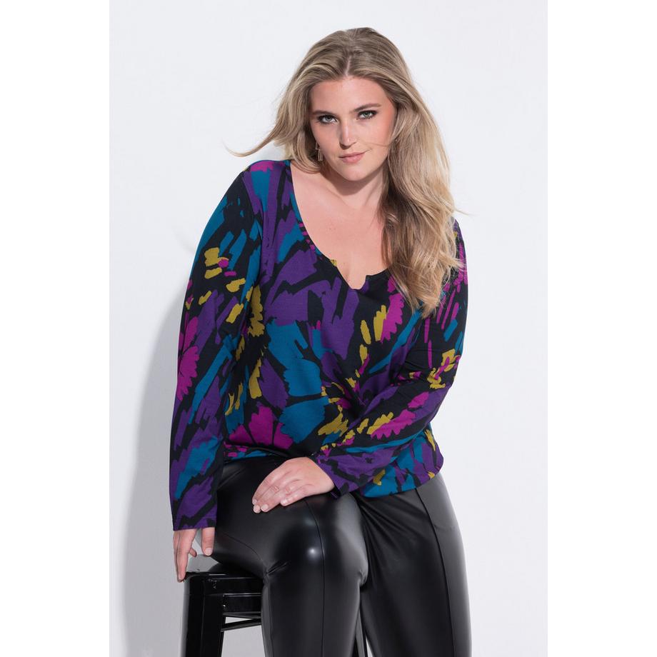 Ulla Popken Maglia a Maniche Lunghe Stampa Floreale Scollo a Girocollo con Foro e Orlo Elastico  