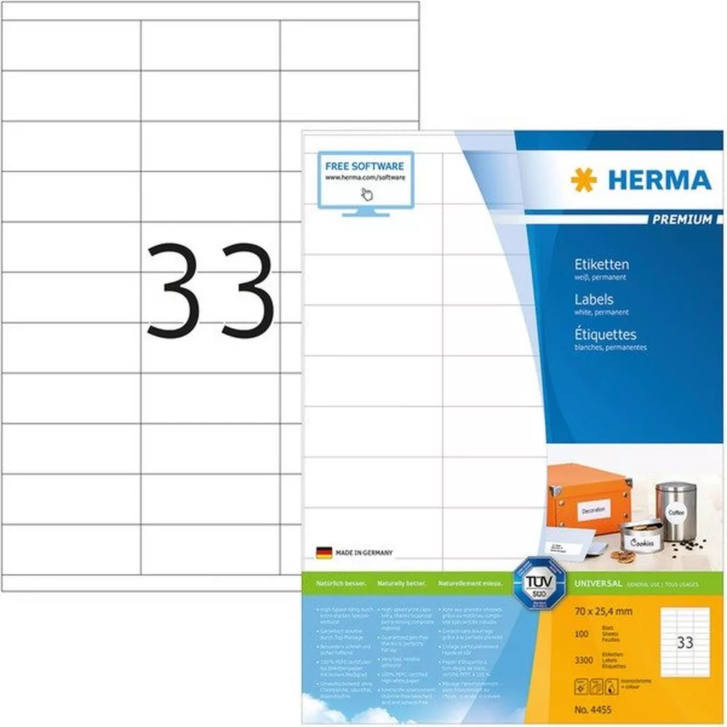HERMA – Universal-Etiketten 70×25,4mm 4455 weiss 3300 St./100 Blatt, One Size