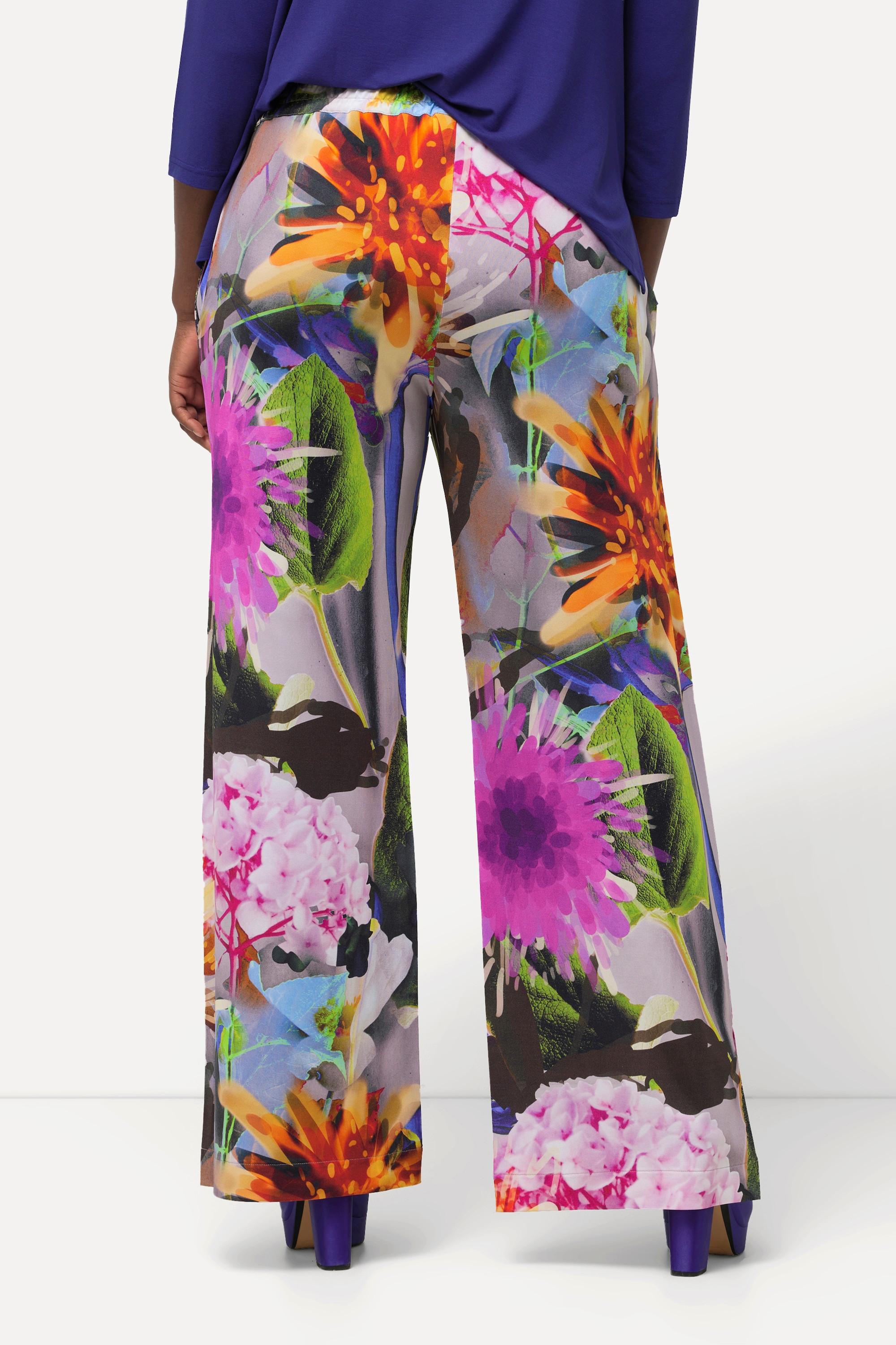 Ulla Popken  Pantalon en tissu fluide slinky à fleurs, jambe large et taille élastique 