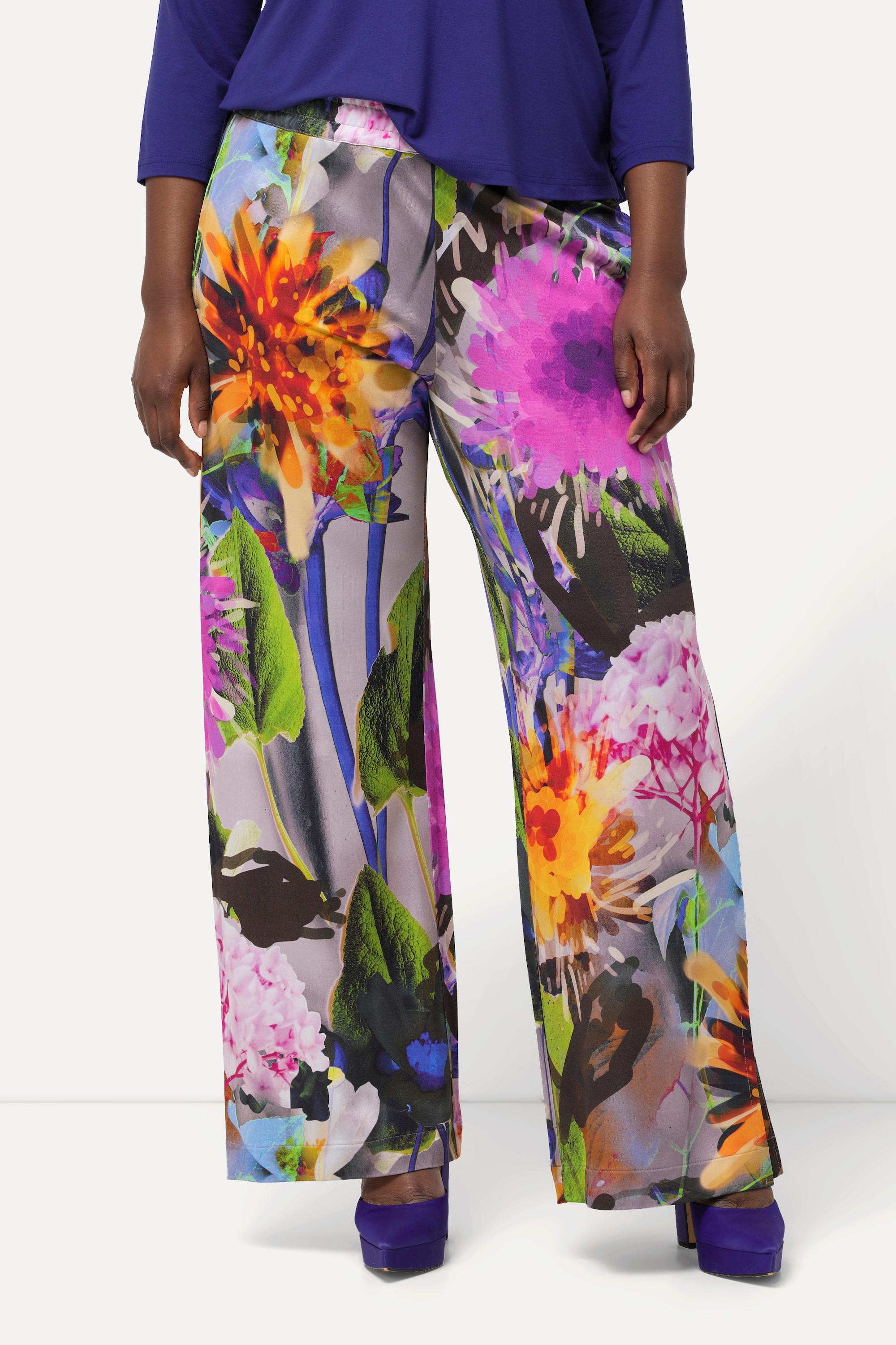 Ulla Popken  Pantalon en tissu fluide slinky à fleurs, jambe large et taille élastique 