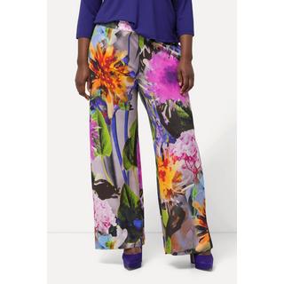 Ulla Popken  Pantalon en tissu fluide slinky à fleurs, jambe large et taille élastique 