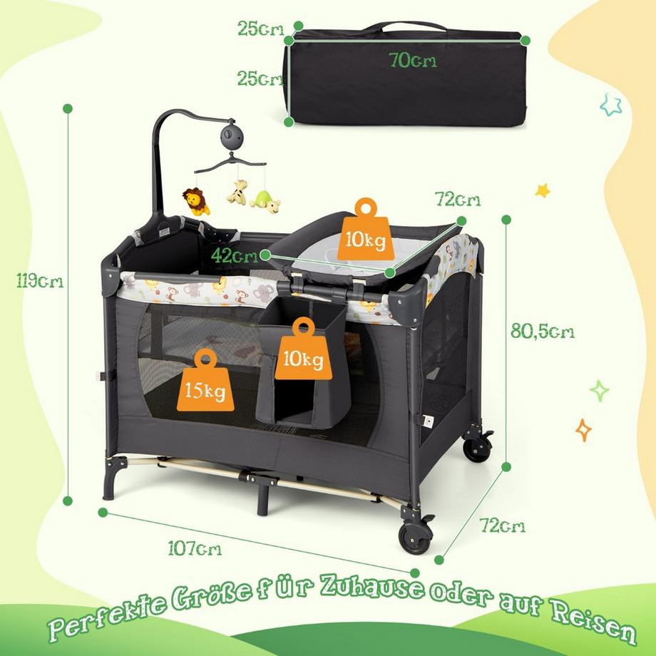 Northix  Aire de jeux portable pour bébé, parc convertible 3 en 1 avec lit 107 x 72 x 80,5 cm, gris 