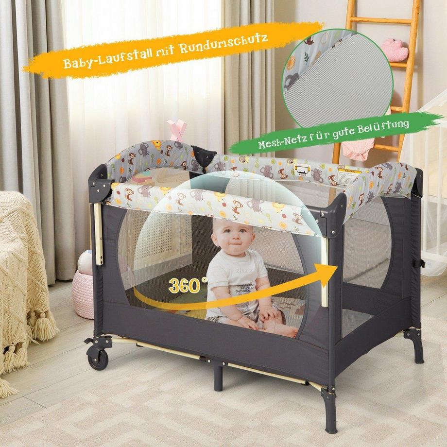 Northix  Aire de jeux portable pour bébé, parc convertible 3 en 1 avec lit 107 x 72 x 80,5 cm, gris 