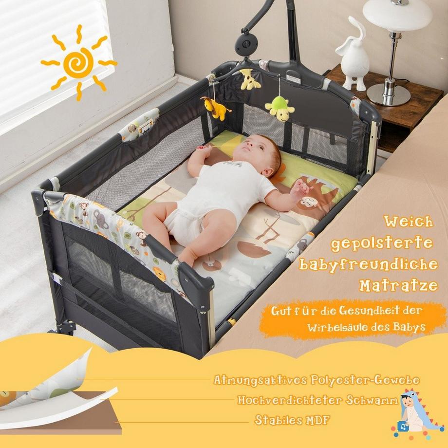 Northix  Aire de jeux portable pour bébé, parc convertible 3 en 1 avec lit 107 x 72 x 80,5 cm, gris 