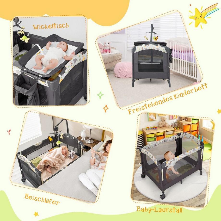 Northix  Aire de jeux portable pour bébé, parc convertible 3 en 1 avec lit 107 x 72 x 80,5 cm, gris 