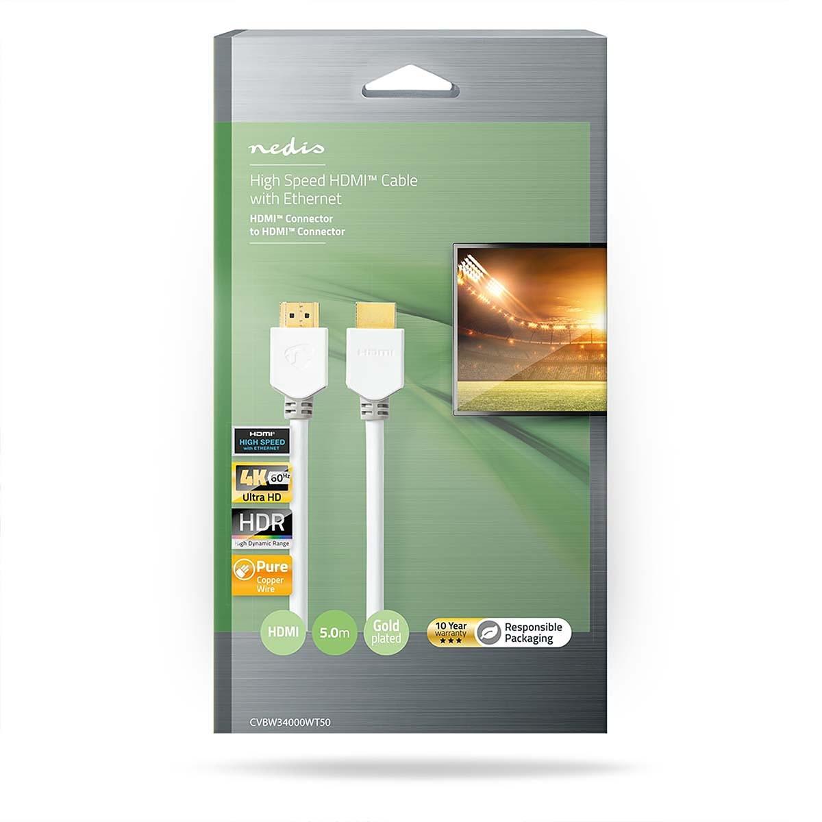 Nedis  Câble HDMI™ haute vitesse avec Ethernet | Connecteur HDMI™ | Connecteur HDMI™ | 4K@60Hz | ARC | 18 Gbps | 5,00m | Rond | PVC | Blanc | Emballé 