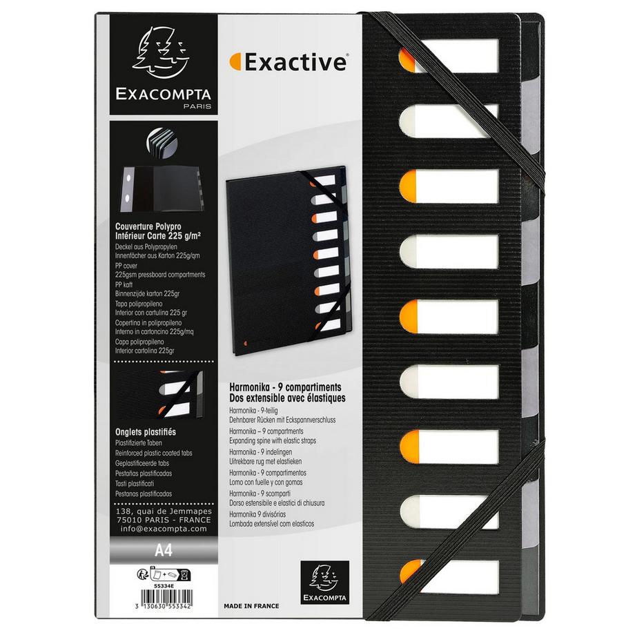 Exacompta Cartella Harmonika Exactive con elastici e divisori, dorso estensibile, finestre ritagliate, 9 scomparti - A4  